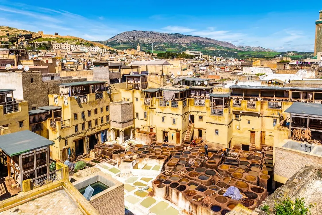 Rooftops and tannery pits in the Fes medina