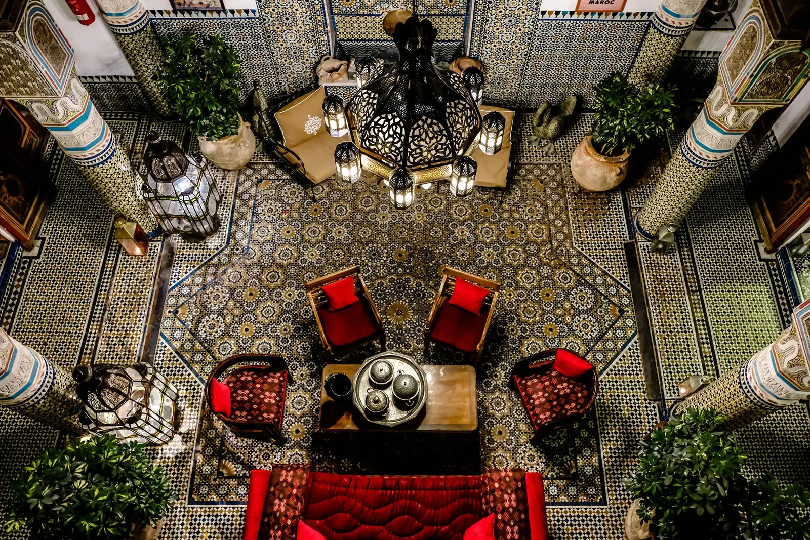 Tiled courtyard of a Moroccan riad seen from above